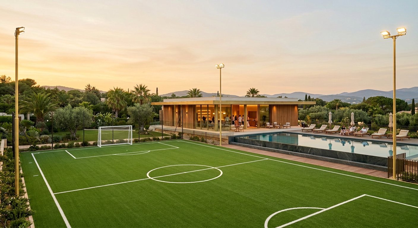 ONE11 Club — floodlit sports turf, pavilion and swimming pool at dusk